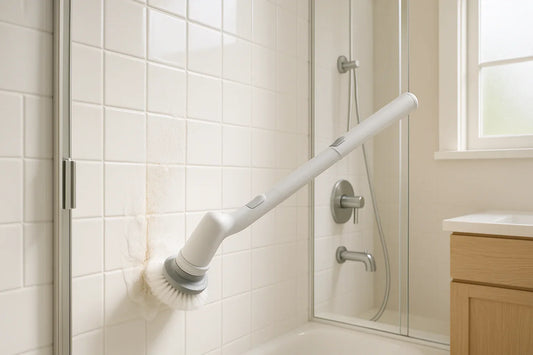 Electric spin scrubber in use on white shower tiles with grout lines showing soap scum being removed in a bright modern bathroom