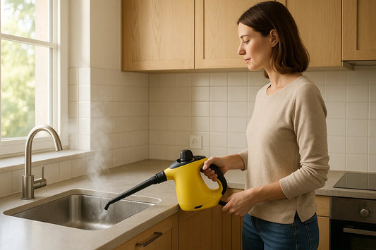 Woman using a handheld steam cleaner to remove grease from a stainless steel kitchen sink with tile backsplash in a bright modern kitchen