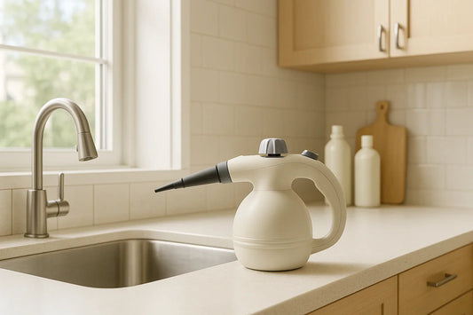 Handheld steam cleaner nozzle near kitchen sink and tile backsplash in a bright modern kitchen