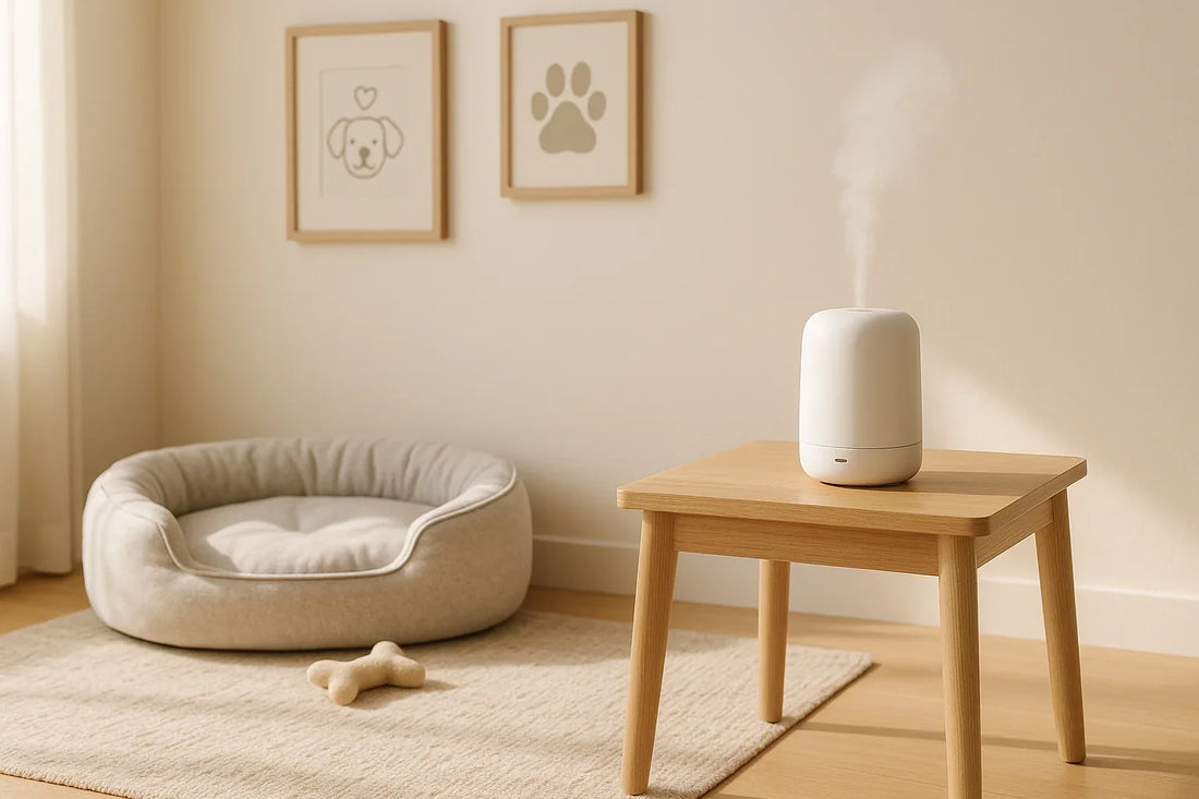 Smart home fragrance diffuser placed on a light wood side table near a clean pet bed and neutral-toned rug in a bright pet area