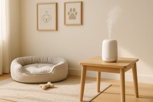 Smart home fragrance diffuser placed on a light wood side table near a clean pet bed and neutral-toned rug in a bright pet area