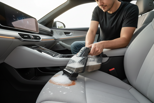 Woman kneeling inside a modern car interior using a portable spot cleaner on a light gray fabric car seat with a visible food stain