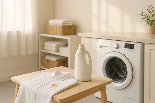 Modern laundry room with laundry stain care bundle bottle on countertop near a washing machine and a white cotton shirt with a visible grease stain on a folding table