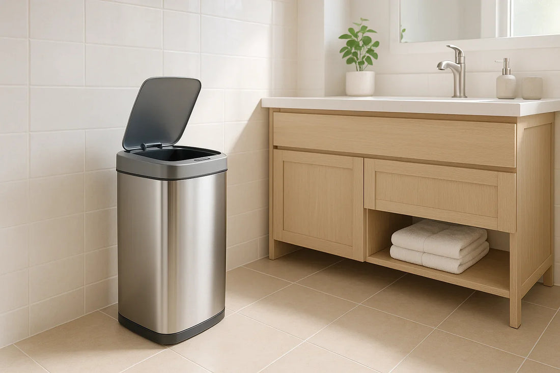 Modern bathroom with motion sensor trash can next to sink vanity, lid slightly open showing touchless use