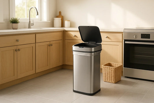 Modern kitchen with a sleek motion sensor trash can showing its open lid and sensor area for touchless use