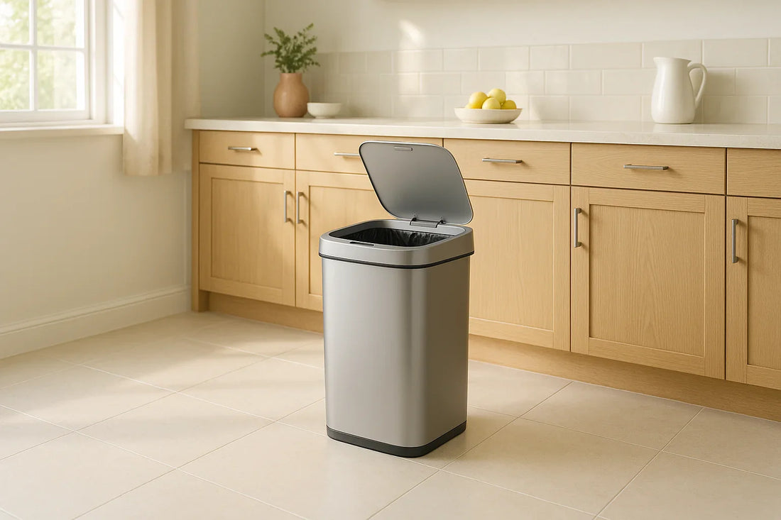 Sleek motion sensor trash can with lid slightly open in a modern kitchen waste area