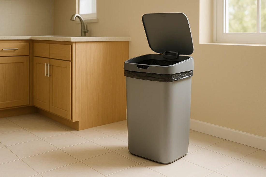 Sleek motion sensor trash can with lid open on tiled kitchen floor near light oak cabinets, showing sensor area and properly fitted trash bag