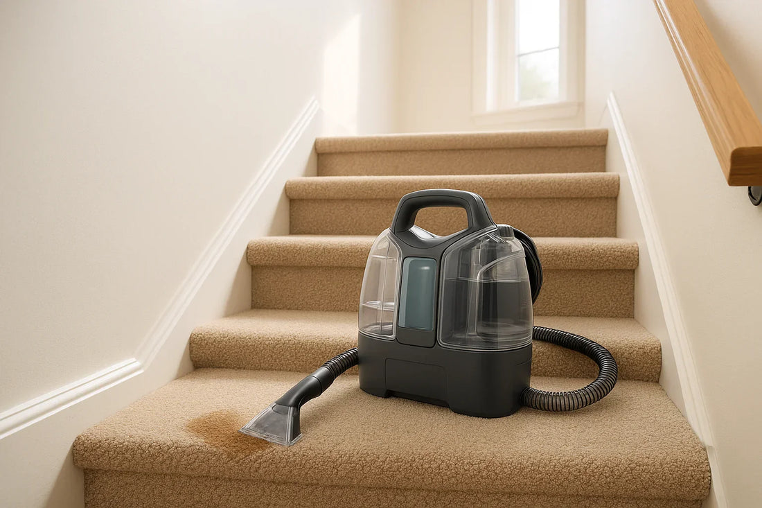 Portable carpet and upholstery spot cleaner positioned on a carpeted stair step ready to treat a visible stain