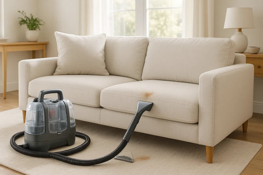 Portable carpet spot cleaner gently pressed against a small stain on a light-colored fabric sofa in a bright living room
