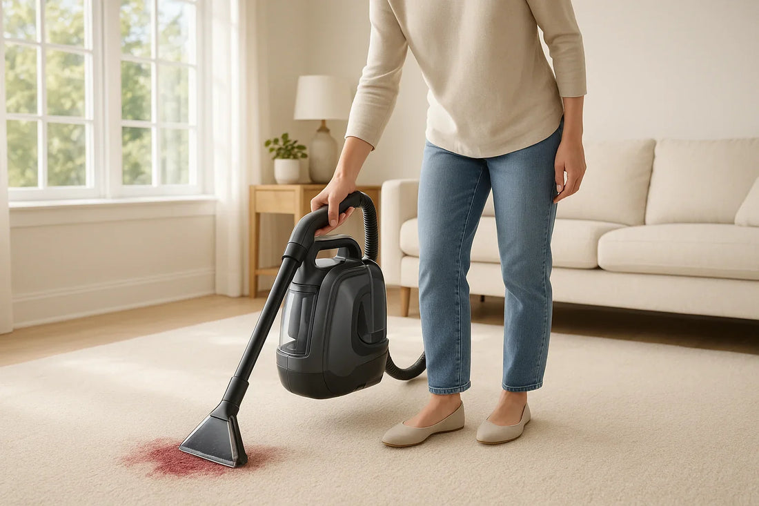 Portable carpet and upholstery spot cleaner in use on a red wine stain on a light beige carpet in a modern living room