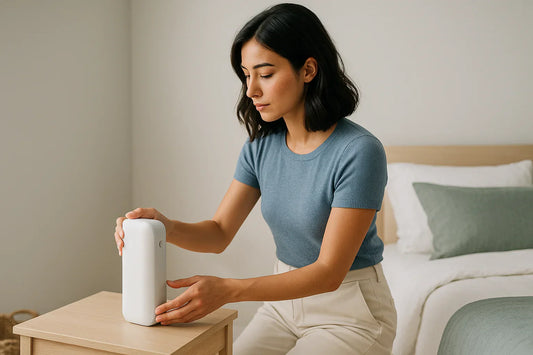 Woman placing a waterless fragrance diffuser on a bedside table in a bright, modern bedroom
