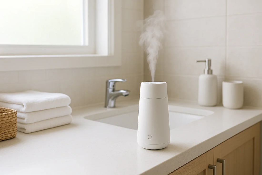 Modern bathroom countertop with a sleek smart home fragrance diffuser emitting a gentle mist near a sink and tile backsplash