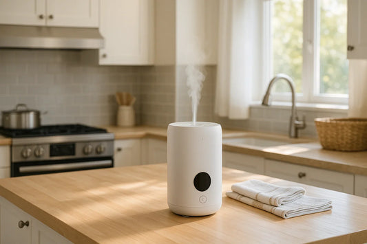 Smart home fragrance diffuser on kitchen countertop near stove emitting gentle mist