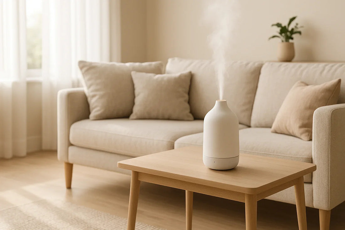 Smart home fragrance diffuser on a side table in a bright living room with neutral decor and soft natural light