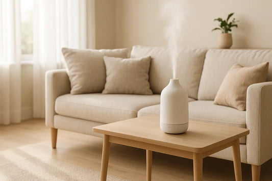Smart home fragrance diffuser on a side table in a bright living room with neutral decor and soft natural light
