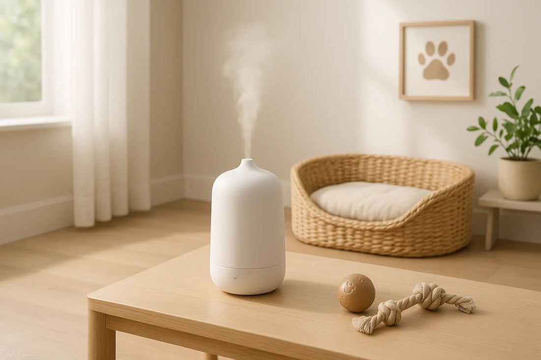 Smart home fragrance diffuser placed on a wooden shelf in a bright pet area with soft natural light