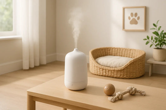 Smart home fragrance diffuser placed on a wooden shelf in a bright pet area with soft natural light