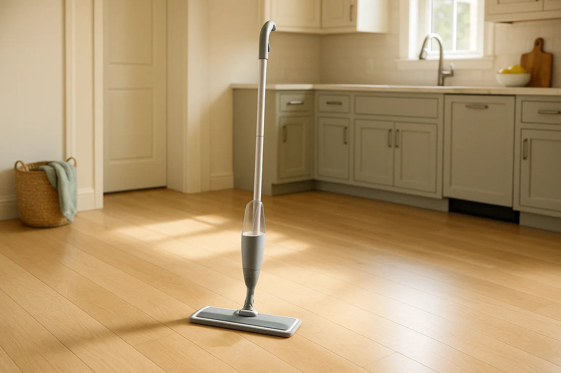 Spray mop standing upright on clean light oak hardwood floor in a bright modern kitchen entryway with a small spill nearby