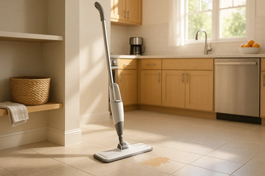 Spray mop standing upright on clean light tile kitchen floor near entryway with small spill targeted, in a bright modern kitchen