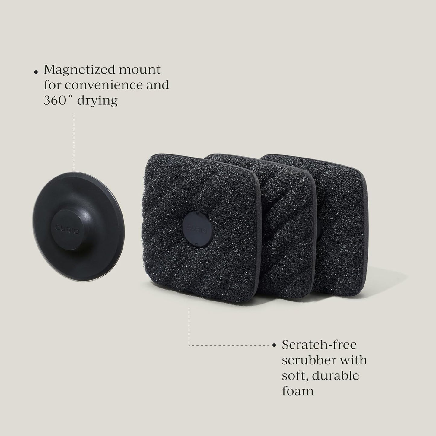 Magnetic Dish Scrubber Sponges with Sink Holder, Odor-Resistant Non-Scratch Cleaning Pads, 3 Pack, Black