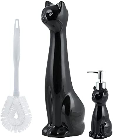 Allure Home Creation Cat 3-Piece Black Ceramic Toilet Brush Holder with White Plastic Brush and Soap Dispenser Set-Black