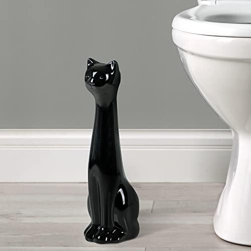Allure Home Creation Cat 3-Piece Black Ceramic Toilet Brush Holder with White Plastic Brush and Soap Dispenser Set-Black