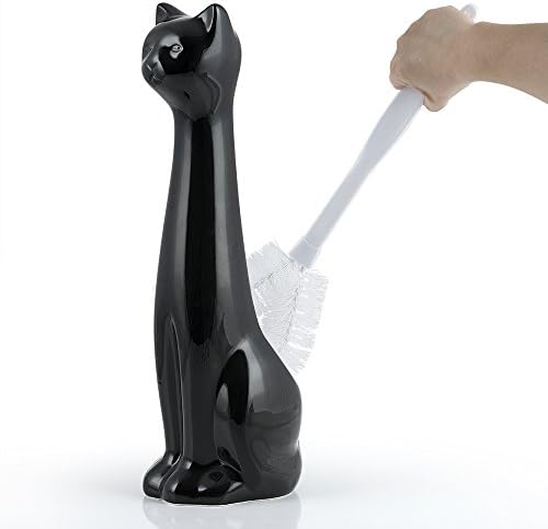 Allure Home Creation Cat 3-Piece Black Ceramic Toilet Brush Holder with White Plastic Brush and Soap Dispenser Set-Black