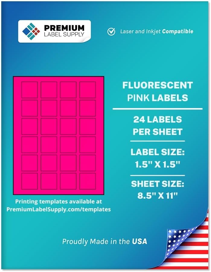 Premium Label Supply Bright Neon Color Fluorescent Sticker Labels - 1.5" x 1.5" Square Labels - (Fluorescent Pink, 2,400 Labels)
