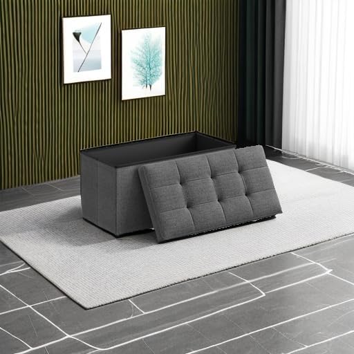 SONGMICS MAZIE Collection - 30 Inches Folding Storage Ottoman Bench, Ottoman Foot Rest, End of Bed Bench, Storage Chest, Load 660 lb, for Living Room, Bedroom, Entryway, Dark Gray ULSF47K