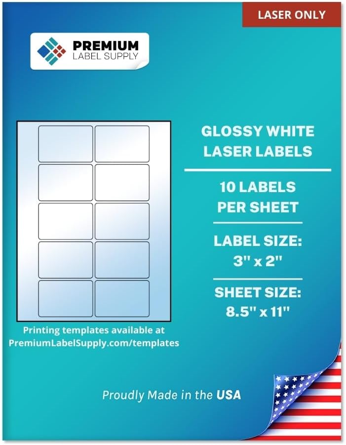Premium Label Supply Glossy White Sticker Labels – 3" x 2" – (10 per Sheet) (Glossy White for Laser Only, 100 Labels)
