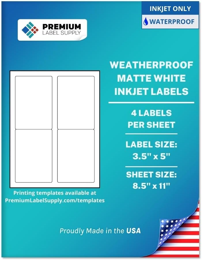 Premium Label Supply Waterproof Matte White Sticker Labels – 3.5" x 5" – Inkjet Printers Only – (4 per Sheet), 25 Sheets - 100 Total Adhesive Labels