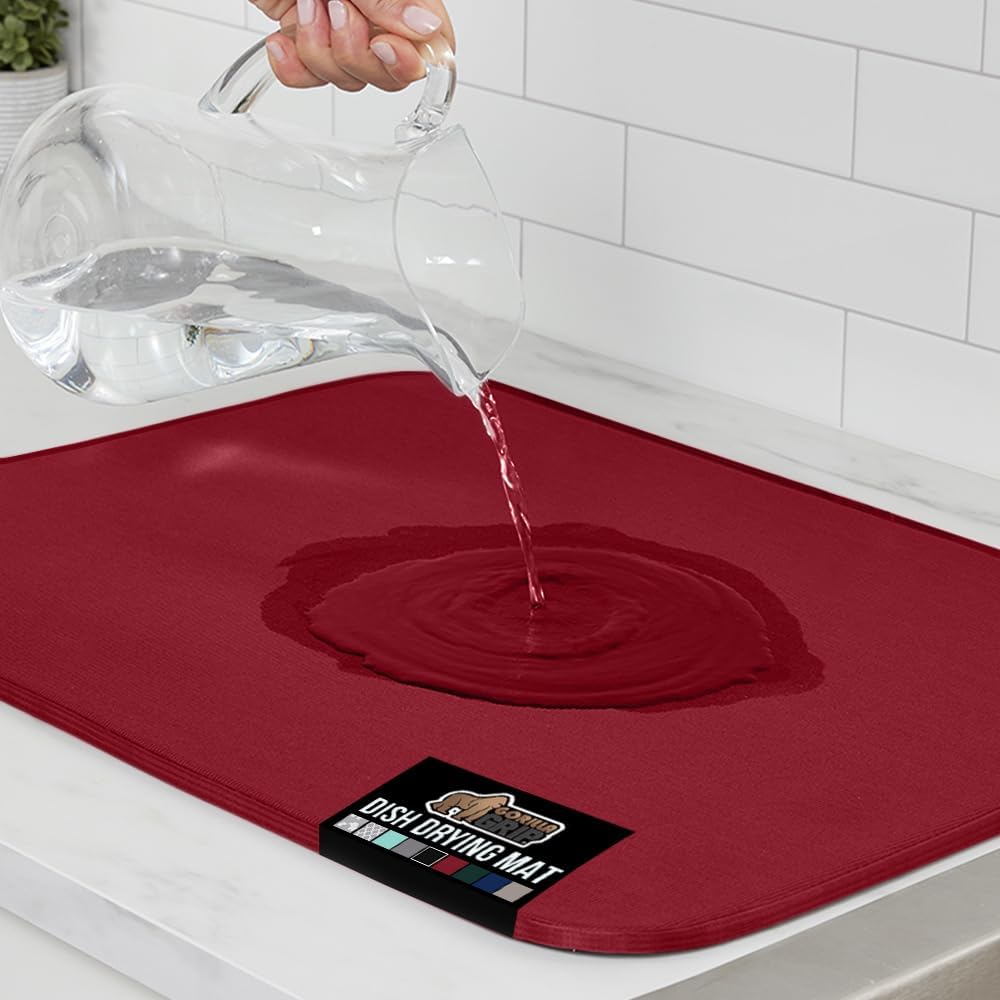 GORILLA GRIP Ultra Water Absorbent Microfiber Dish Drying Mat, 18x32, Quick Dry Thick Mesh, Slip Resistant Pad for Sink Dishes or Under Rack, Kitchen Counter Accessories, Machine Wash Mats, Red