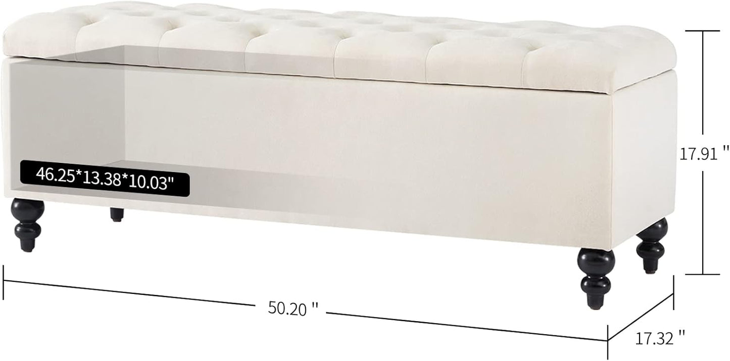 Storage Ottoman 50.2 Inches Upholstered Fabric Storage Ottoman Bench，Button Tufted Ottoman with Storage for Living Room，Bedroom End of Bed Bench Withstands 304lbs (Ivory)