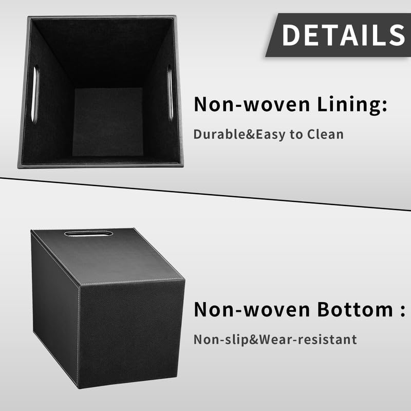 Pu Leather Trash Can for Bedroom, 16L/4.2 Gallon Office Wastebasket with Handles for Near Desk, Black Bathroom Garbage Cans for Home Decorative, Square Waste Basket Bin for Dorm Easy to Clean