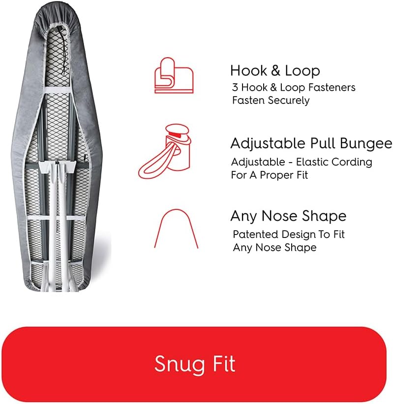 TIVIT Ironing Board Cover 19 x 55, Made in Italy. Pro Grip Pad Covers w/3 Fastener Straps & Pull Bungee Cord - Durable Scorch & Stain Resistant Padded Layers, Heat Reflective AlumiTek PRO Top Coat