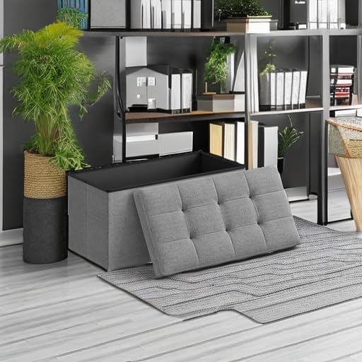 SONGMICS MAZIE Collection - 30 Inches Folding Storage Ottoman Bench, Ottoman Foot Rest, End of Bed Bench, Storage Chest, Load 660 lb, for Living Room, Bedroom, Entryway, Light Gray ULSF47G
