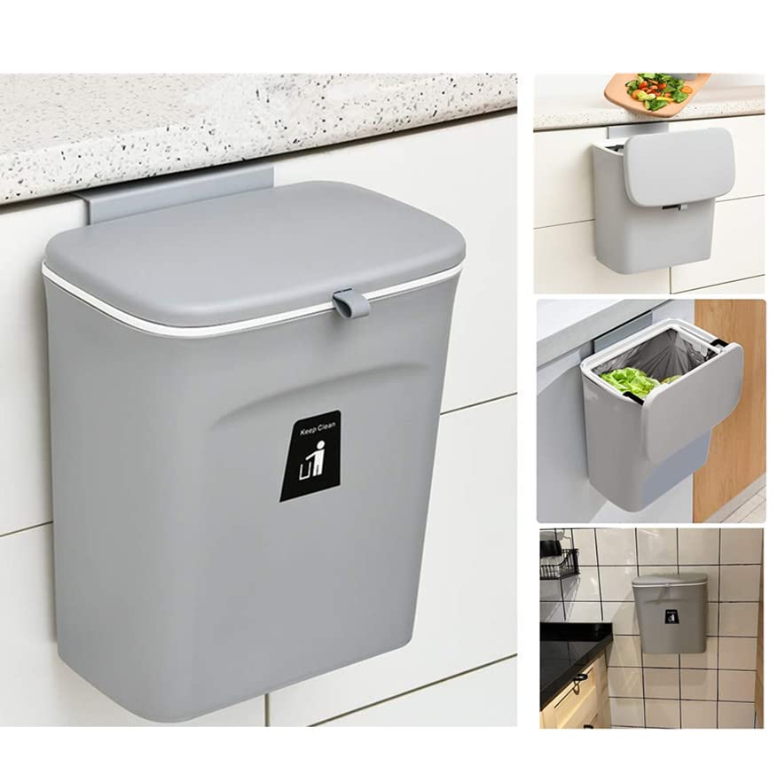 Compost Bin for Kitchen -2.4 Gallons/9L Trash Can for Under Sink,Hanging Small Trash Can with Lid for Bathroom/Bedroom, Indoor Compost Bucket (Grey)