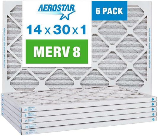 Aerostar 14x30x1 MERV 8 Pleated Air Filter, AC Furnace Air Filter, 6 Pack (Actual Size: 13 7/8" x 29 7/8" x 3/4")