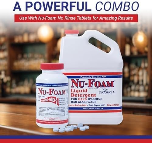 Nu-Foam Liquid Detergent for Bar Glassware – Original Streak-Free Solution - Hand Washing Bar, Tavern, Brewery Supplies - Spotless Serving Glasses - Concentrated- Easy On Hands - 1 Gallon- 4 Pack Case