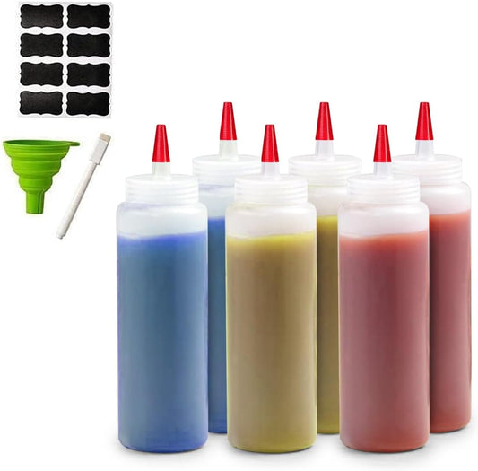 6-Pack Condiment Squeeze Bottles for Sauces - Includes Funnel, Erasable Marker & Reusable Labels, Perfect for Salad Dressings, Liquids, and Ketchup, Durable Plastic 4 oz Bottles