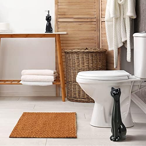 Allure Home Creation Cat 3-Piece Black Ceramic Toilet Brush Holder with White Plastic Brush and Soap Dispenser Set-Black