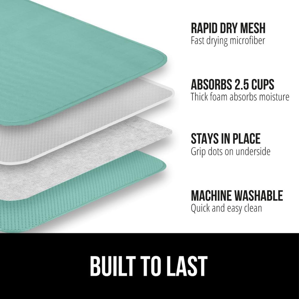 GORILLA GRIP Ultra Water Absorbent Microfiber Dish Drying Mat, 18x32, Quick Dry Thick Mesh, Slip Resistant Pad for Sink Dishes or Under Rack, Kitchen Counter Accessories, Machine Wash Mats, Mint
