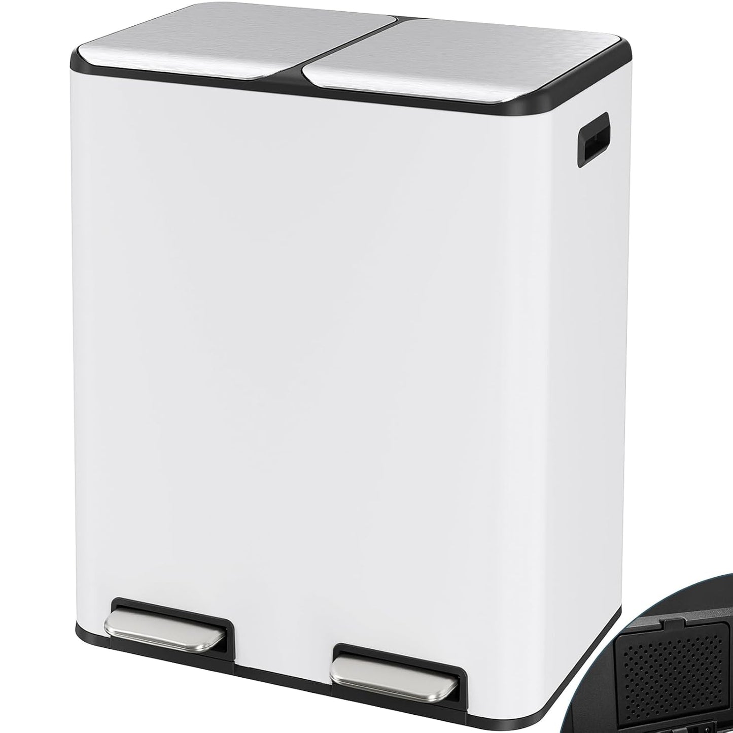Arlopu 16Gal Dual Trash Can w/2 Built-in Box for Odor Control, Hands-Free Kitchen Garbage Bin, Recycle Waste Dustbin, Soft-Close Lid, 2 Buckets,Foot Pedal, Side Handle, Airtight,for Home Office