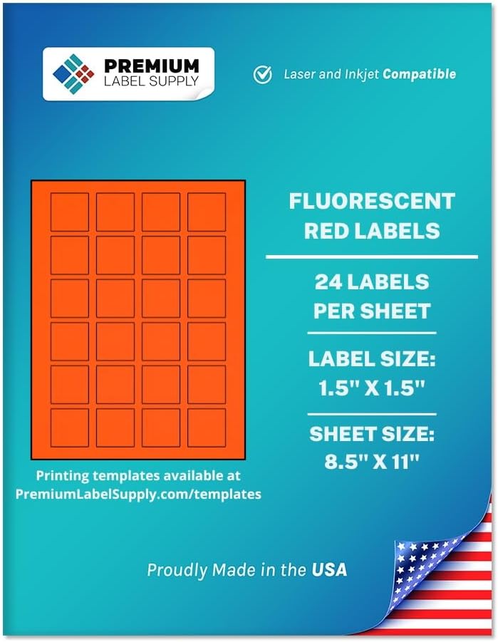 Premium Label Supply Bright Neon Color Fluorescent Sticker Labels - 1.5" x 1.5" Square Labels - (Fluorescent Red, 2,400 Labels)