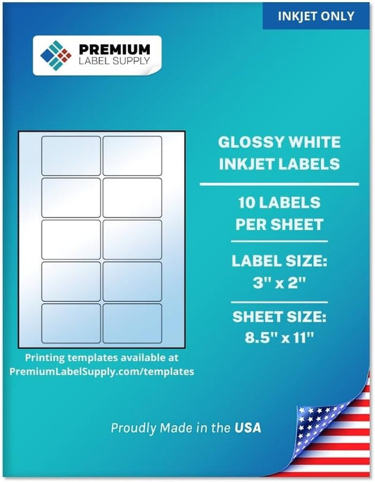Premium Label Supply Glossy White Sticker Labels – 3" x 2" – (10 per Sheet) (Glossy White for Inkjet Only, 250 Labels)