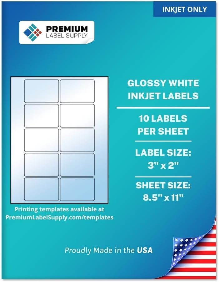 Premium Label Supply Glossy White Sticker Labels – 3" x 2" – (10 per Sheet) (Glossy White for Inkjet Only, 5,000 Labels)