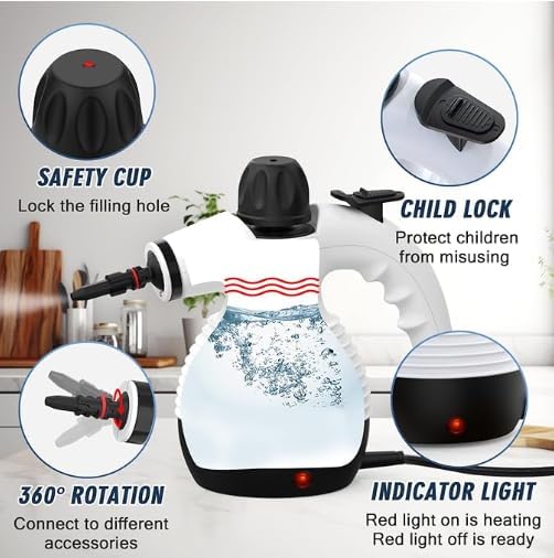 Handheld Steam Cleaner, a versatile and portable home cleaning device, comes with a 10-piece accessory set. Effortlessly removes stubborn stains like dirt and grease, saving you time and effort.