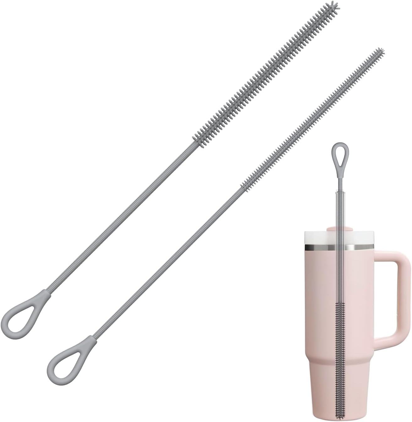 YOTIME Silicone Straw Cleaner Brush, 2Pcs Reusable Straw Brush Extra Long for Cleaning Tumbler with Handle and Glass Metal Smoothie Straws, Non-slip Handle Soft and Bendable, 6mm+9mm, Gray