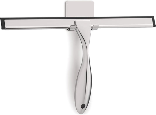 All-Purpose Stainless Steel Shower Squeegee for Glass Doors with Adhesive Hooks, Squeegee for Shower Glass, Bathroom Household Cleaner Tool for Window Mirror Tile Wall Car, 12 inch, Silver