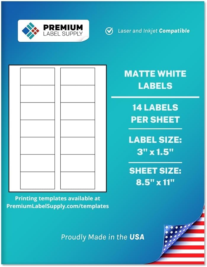 Premium Label Supply White Sticker Bottle Labels – 3" x 1.5" – Laser/Inkjet Compatible – (14 per Sheet), 25 Sheets – 350 Total Adhesive Labels